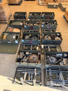 Lot of 9- Military Field Surgical Lights/ 1 Optometry Table & Stools-1 Cha Unique lot of Portable Surgical Lights x 9 and 1 Optometry table and stools and 1 Optometry Chair.