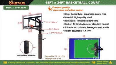 2026 STARVOX SV-BC1824 18 ft x 24 ft Basketball Court w/Adjustable Backboard その他 - 店舗 & 倉庫 (Unused)