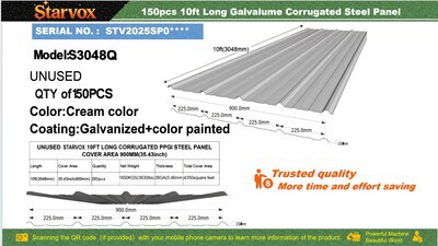 Quantity of (150) 2026 STARVOX S3048Q 35 in x 10 ft Galvalume Corrugated Steel Panels (Unused)