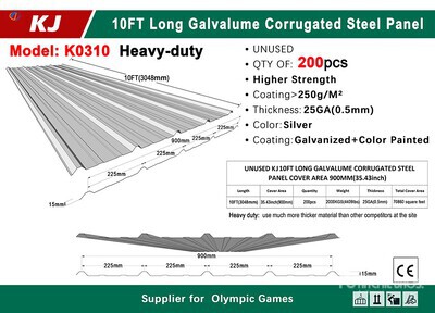 Quantity of (200) 2026 KJ K0310 3 ft x 10 ft Galvalume Corrugated Steel Panels (Unused)