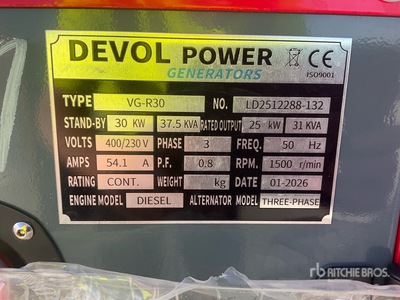 2026 Devol VG-R30 30 kW 発電機セット (250-749 kw/310-950 kva) (Unused)