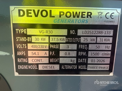 2026 Devol VG-R30 30 kW 発電機セット (250-749 kw/310-950 kva) (Unused)