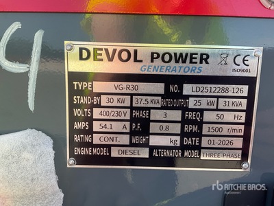2026 Devol VG-R30 30 kW 発電機セット (250-749 kw/310-950 kva) (Unused)