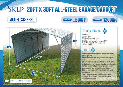 2026 SKLP SK-ZP20 20 ft x 30 ft All-Steel Enclosed Carport (Unused)