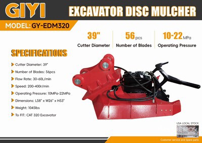 2026 GIYI GY-EDM320 39 in Excavator Disc Mulcher Accessoire divers pour pelle - Fits Cat 320 (Unused)