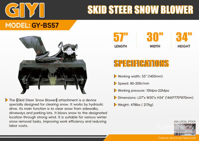 2026 GIYI GY-BS57 55 in Soplador de nieve para minicargadora (Unused)