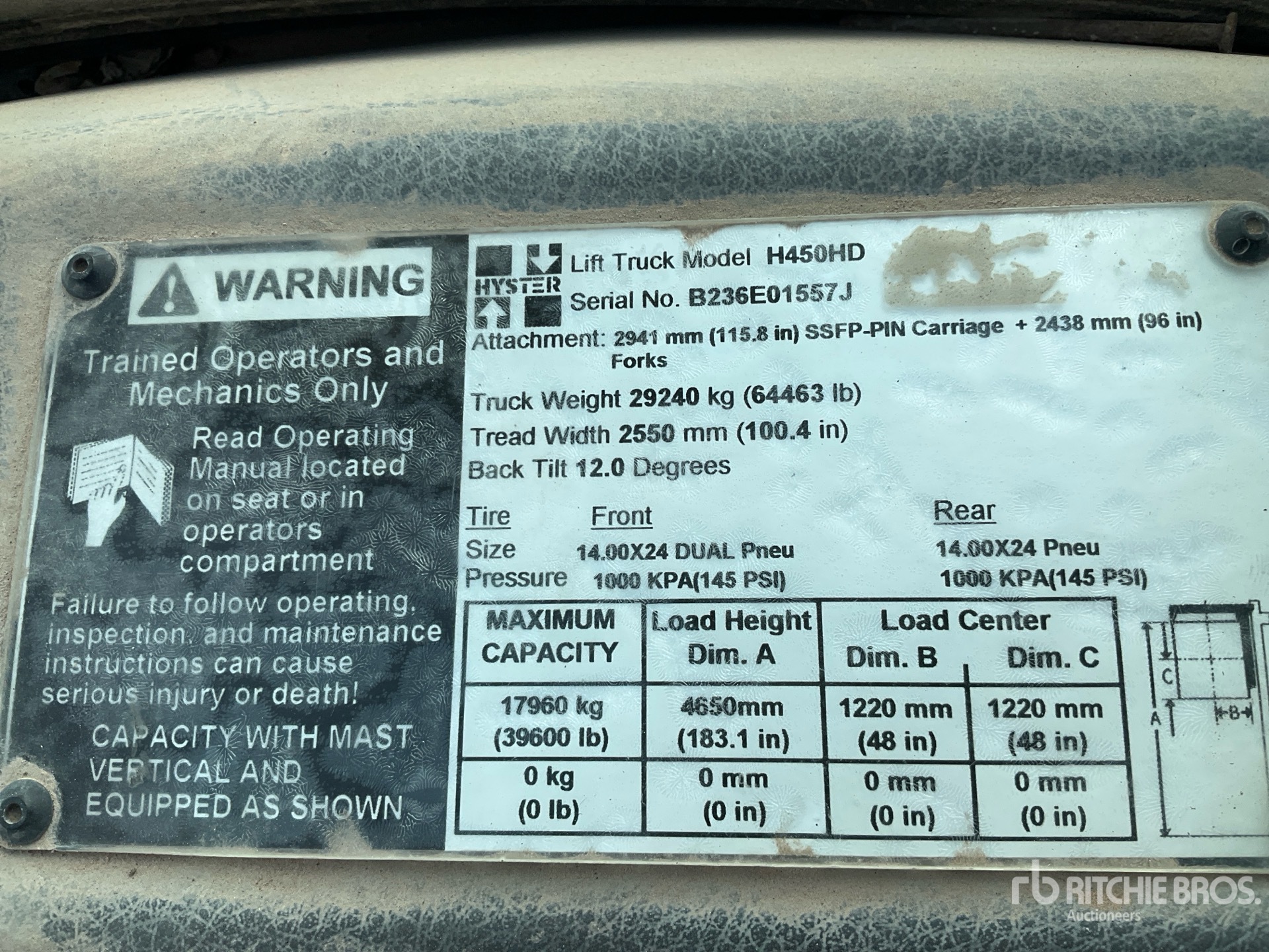 2011 Hyster H450HD 39600 lb Pneumatic Tire Forklift