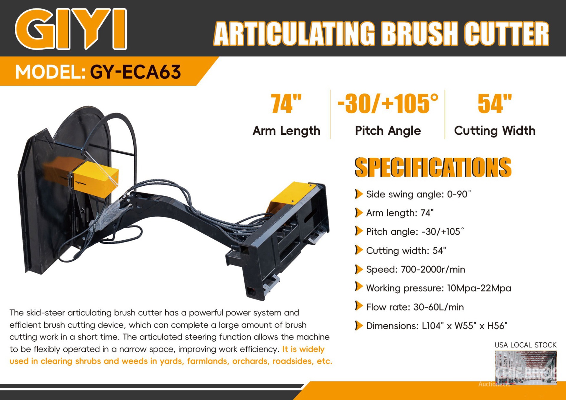 2026 GIYI GY-ECA63 54 in Articulating Skid Steer Brush Cutter (Unused)
