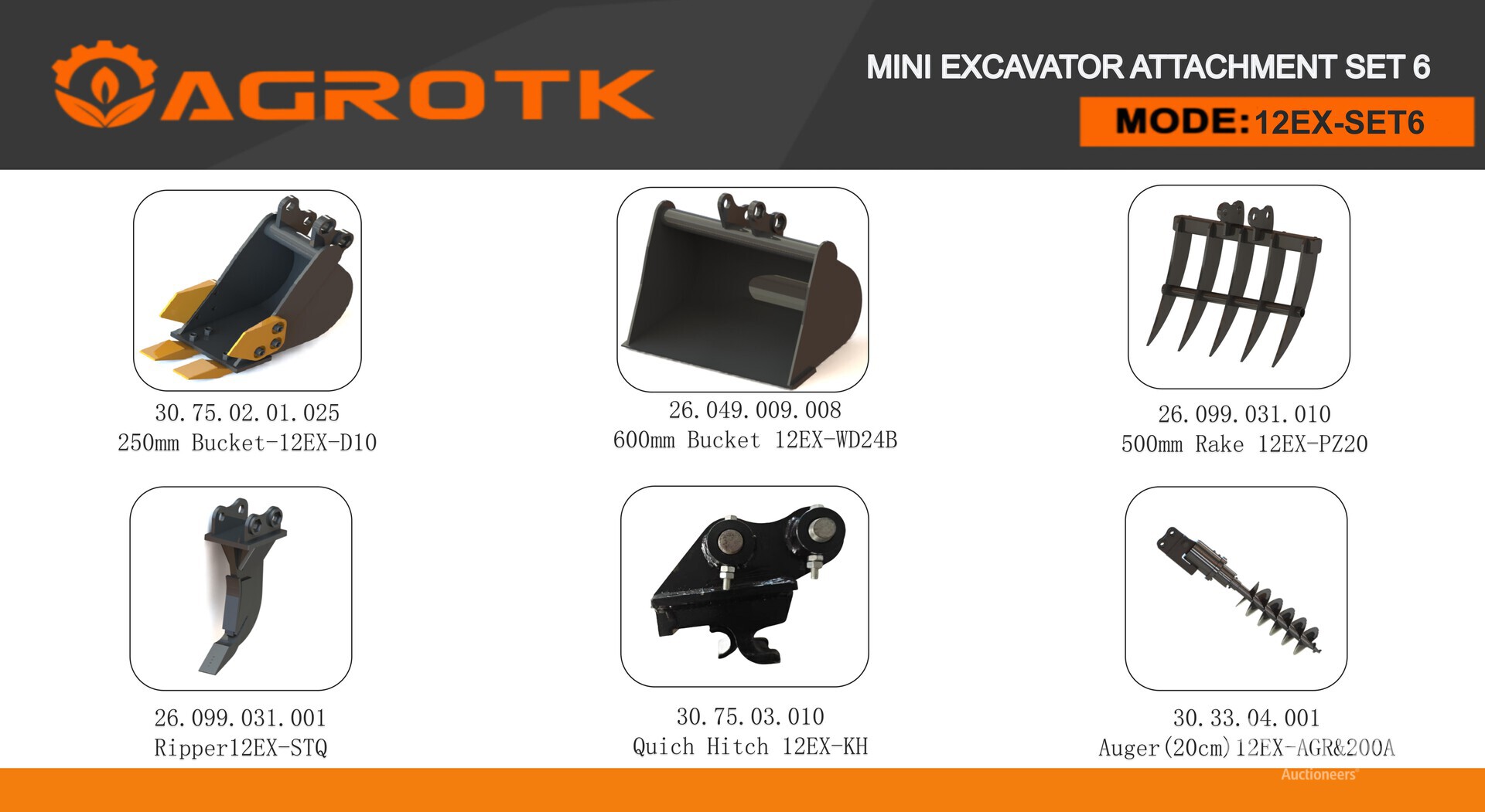 Quantity of (6) 2026 AGT 12EX-SET6 Mini Excavator Attachment Set (Unused)