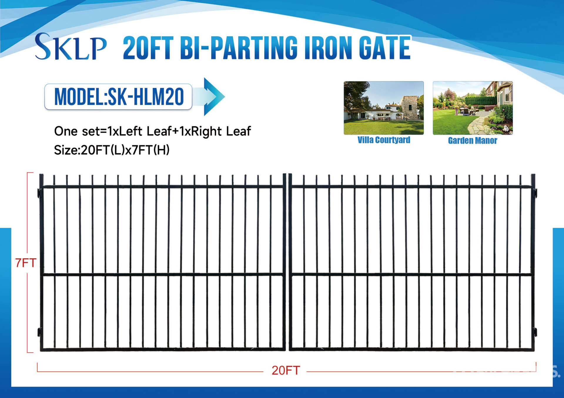 2026 SKLP SK-HLM20 20 ft x 7 ft Wrought Iron Bi-Parting Driveway Gate (Unused)