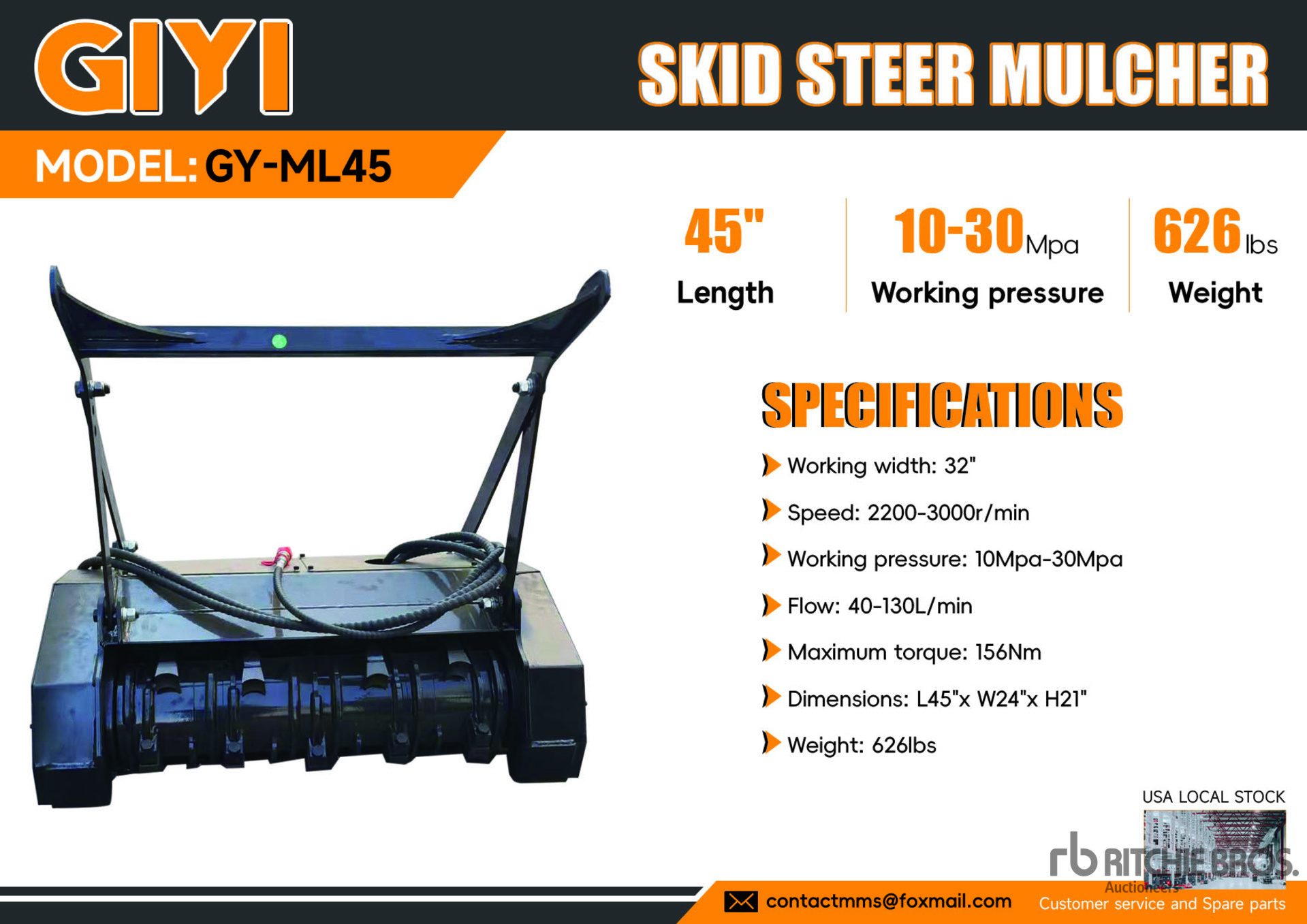 2026 GIYI GY-ML45 32 in Skid Steer Mulcher (Unused)