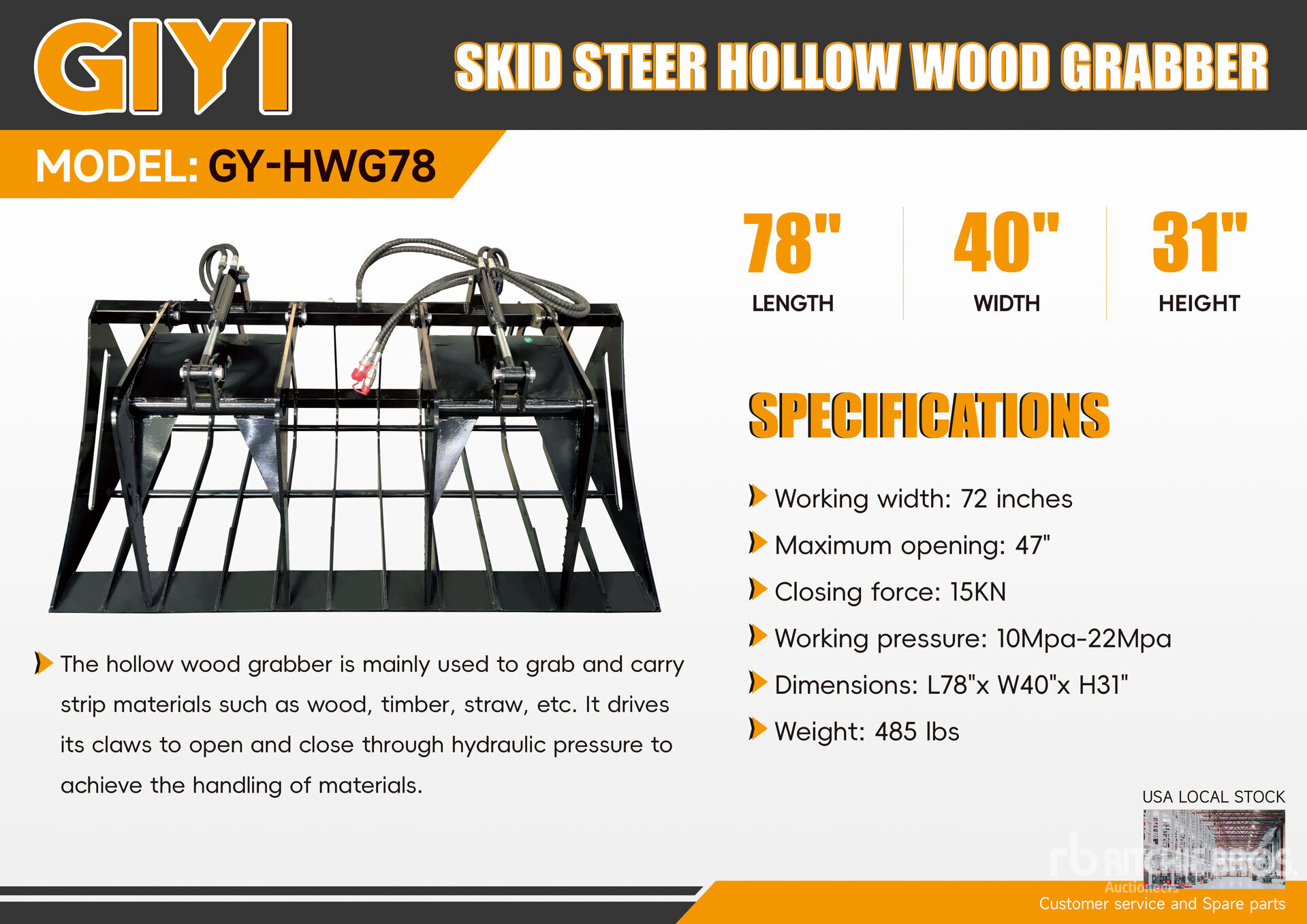 2026 GIYI GY-HWG78 72 in Skeleton Skid Steer Grapple (Unused)