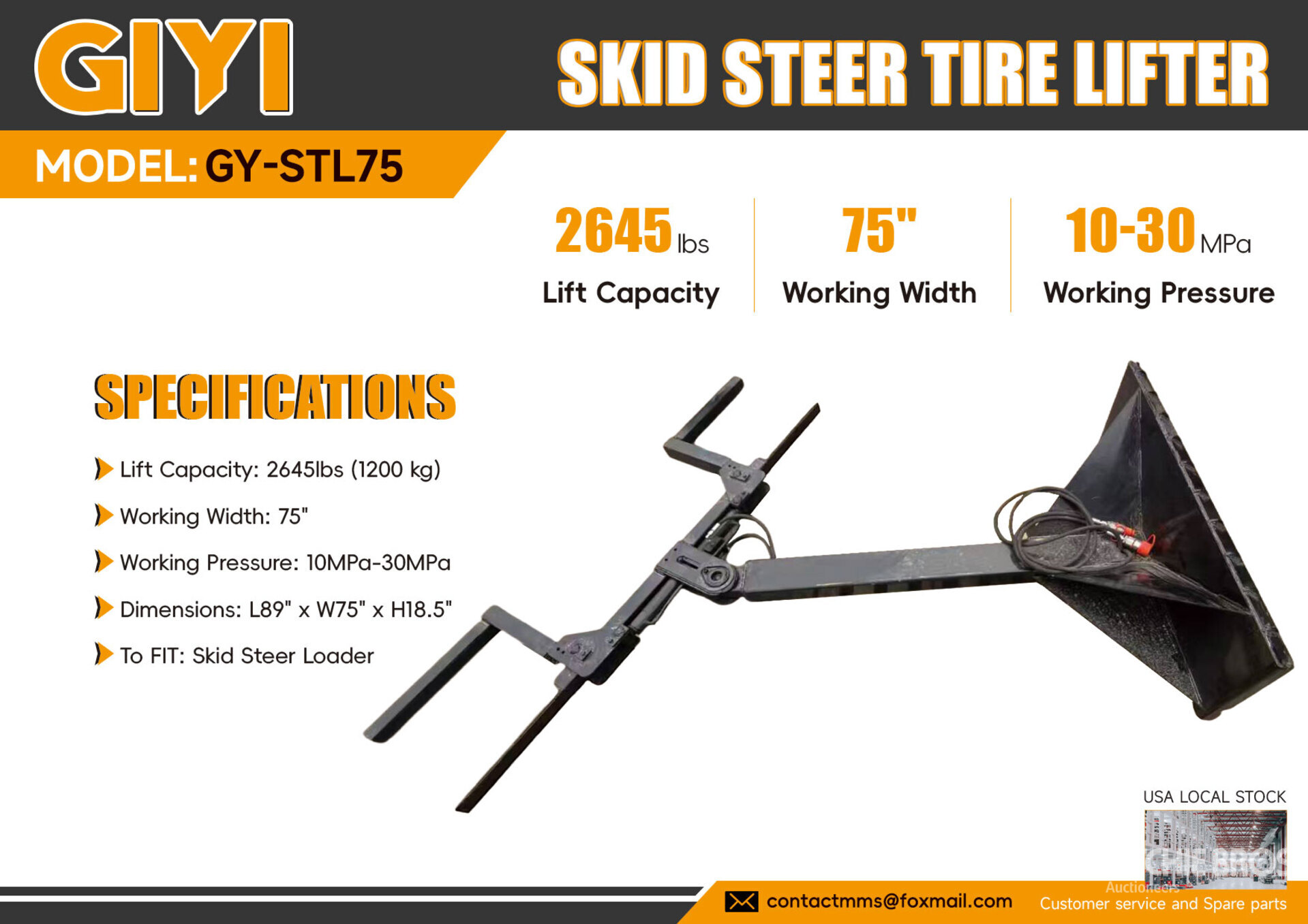 2026 GIYI GY-STL75 75 in Skid Steer Tire Lifter (Unused)
