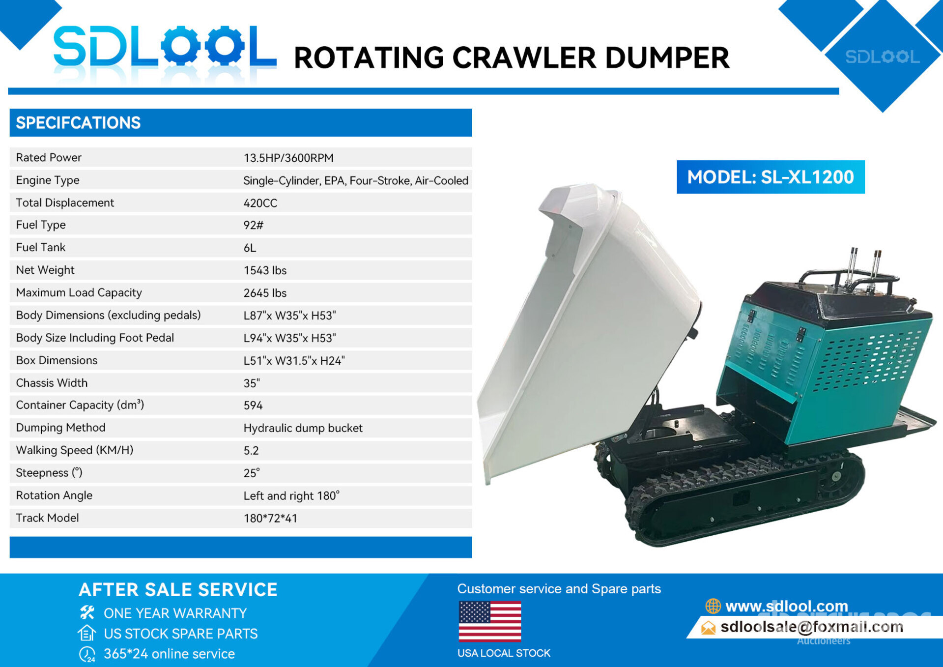 2026 SDLOOL SL-XL1200 Stand-On Swivel Mini Crawler Dumper (Unused)