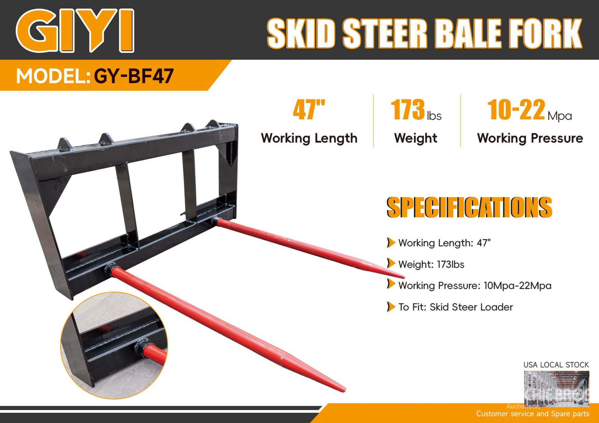 2026 GIYI GY-BF47 47 in Skid Steer Bale Spear (Unused)