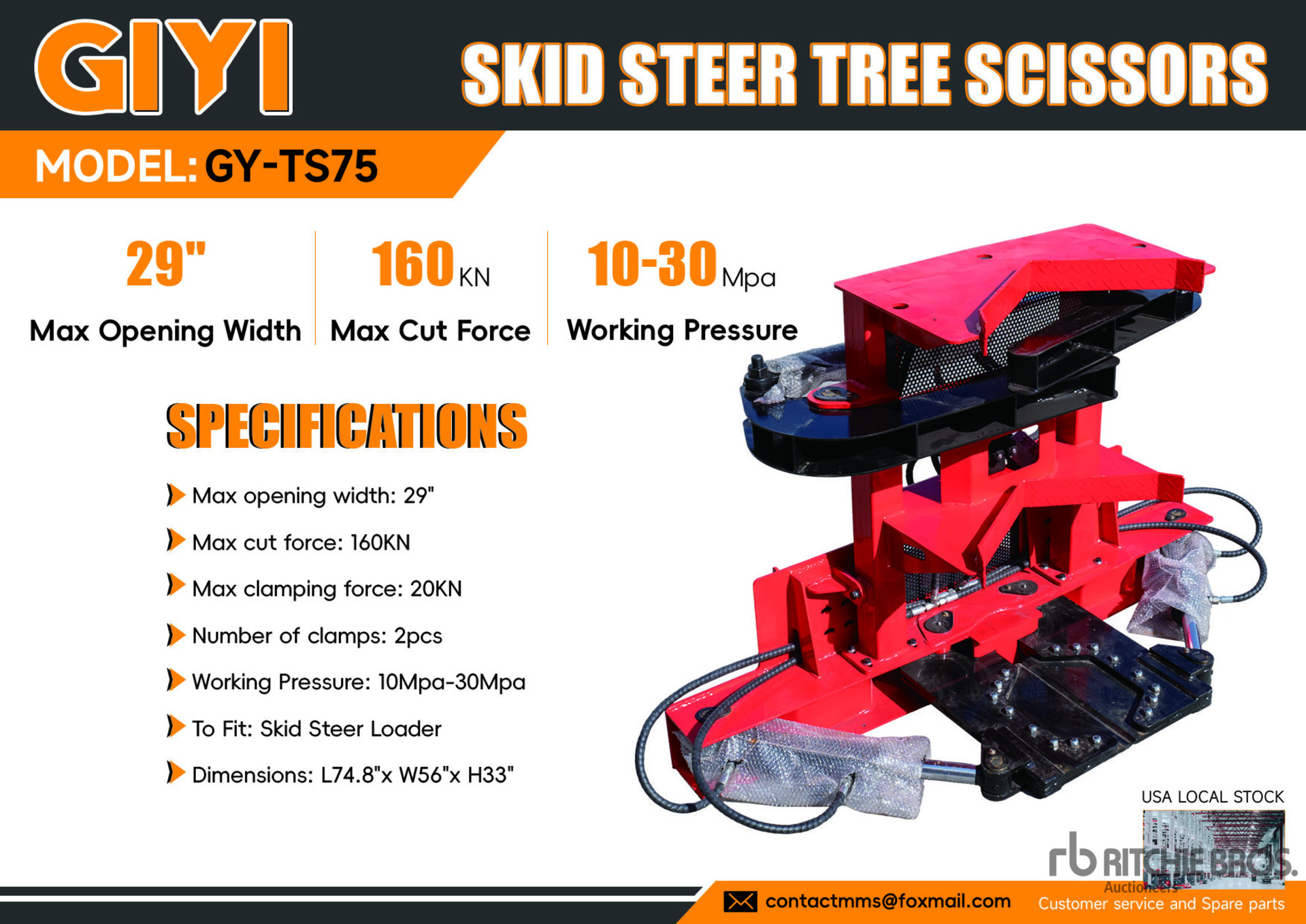 2026 GIYI GY-TS75 29 in Skid Steer Tree Shear (Unused)