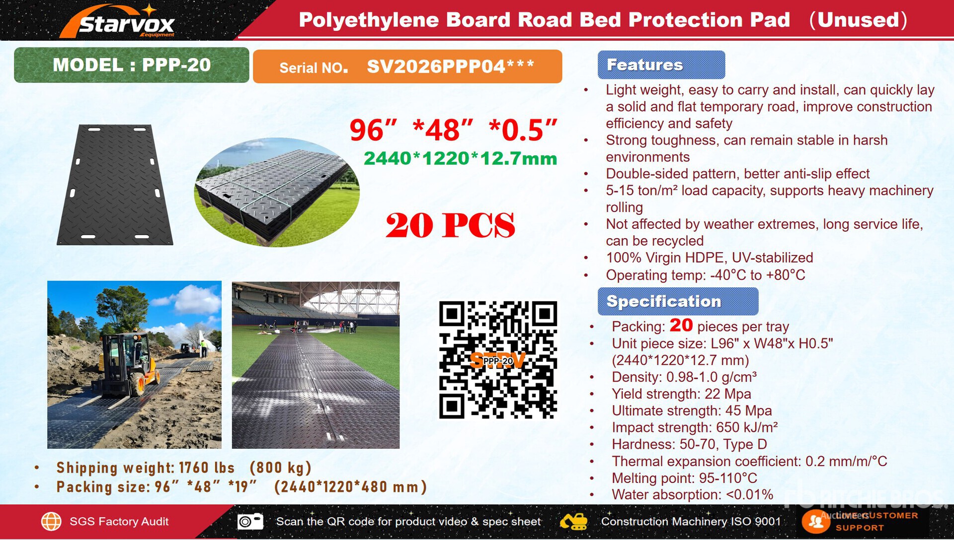 Quantity of (20) 2026 STARVOX PPP-20 48 in x 96 in Polyethylene Board Road Bed Protection Mats (Unused)