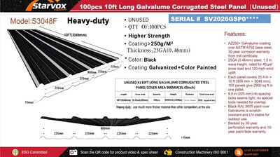 Quantity of (100) 2026 STARVOX S3048F Galvalume Corrugated Steel Panels (Black) (Unused)