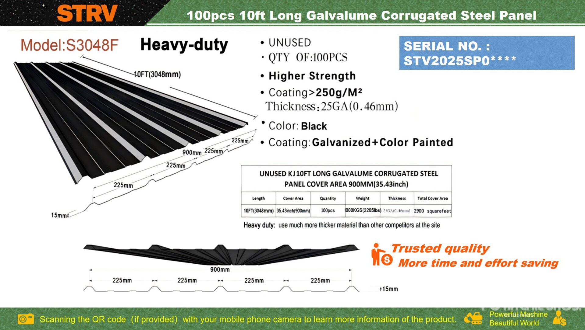 Quantity of (100) 2026 STARVOX S3048F 35 in x 10 ft Galvalume Corrugated Steel Panels (Black) (Unused)