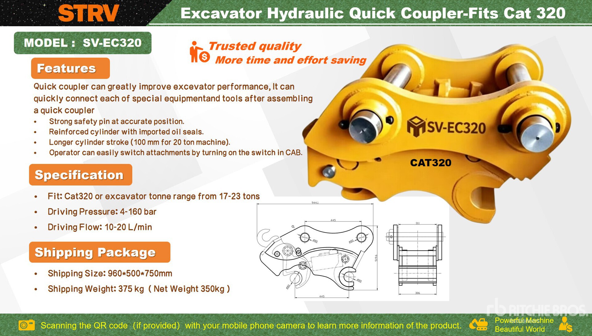 2026 STARVOX SV-EC320 Excavator Hydraulic Quick Coupler - Fits Cat 320 (Unused)