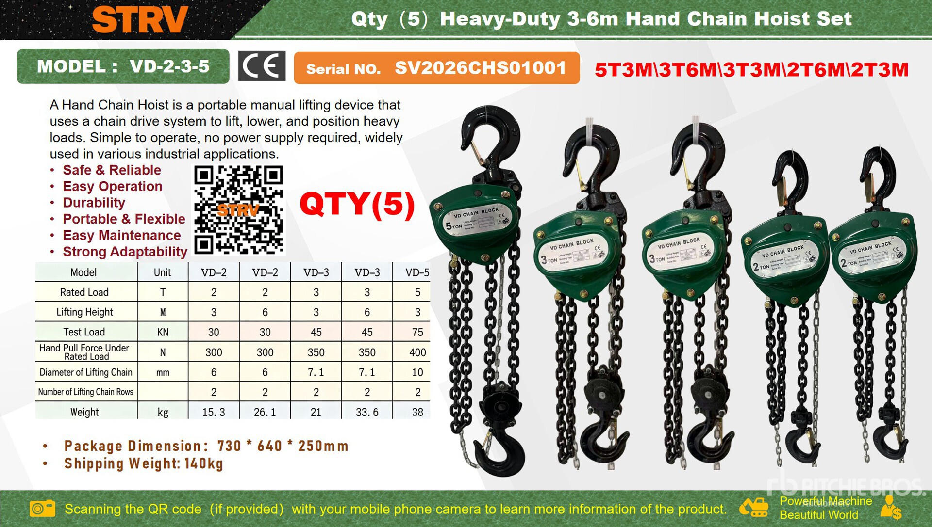 Quantity of (5) 2026 STARVOX VD-2-3-5 Heavy-Duty 3-6m Hand Chain Hoist Set (Unused)