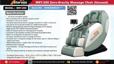2026 STARVOX MRT-200 Zero-Gravity Massage Chair Divers (Unused)