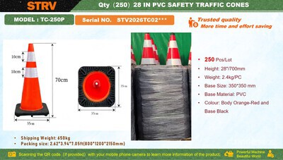 Quantity of (250) 2026 STARVOX TC-250P 28 in PVC Safety Cônes d'autoroute (Unused)
