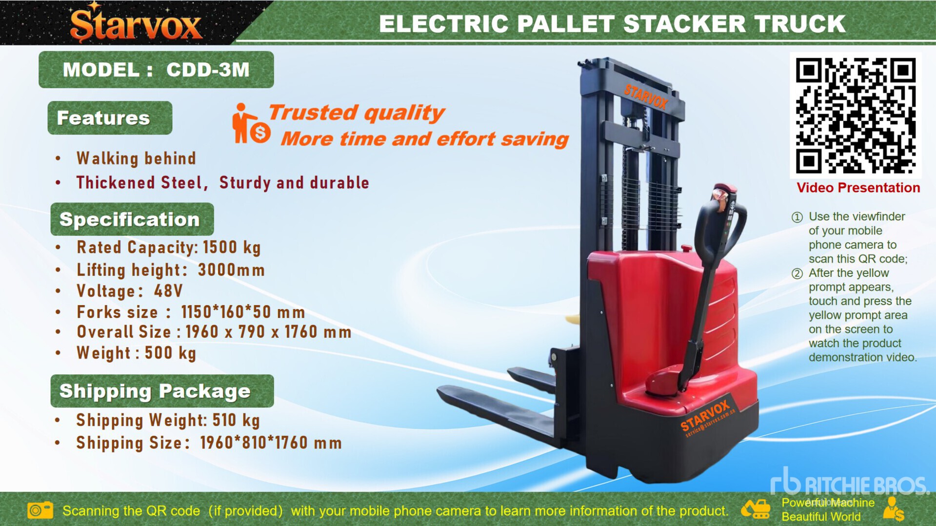 2026 STARVOX CDD-3M 3300 lb Electric Stacker (Unused)