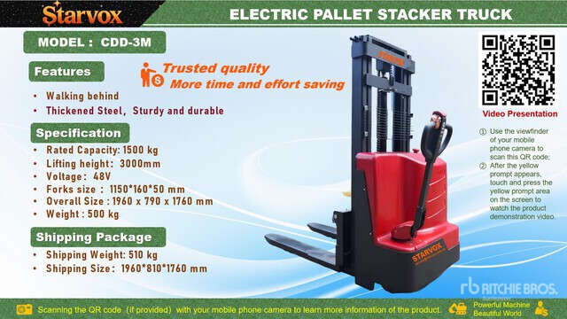 2026 STARVOX CDD-3M 3300 lb Electric Stacker (Unused)