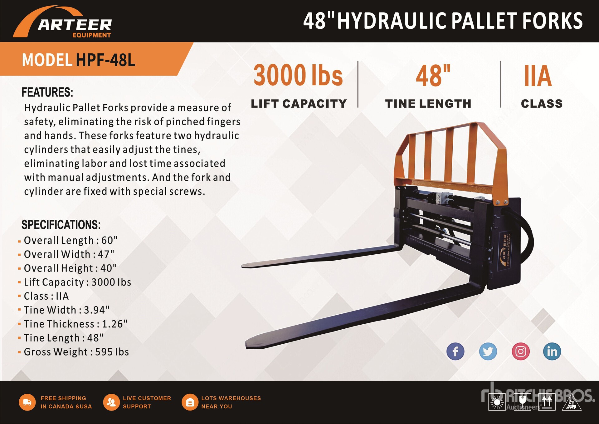 2026 ARTEER HPF-48L 48 in Hydraulic Skid Steer Forks (Unused)