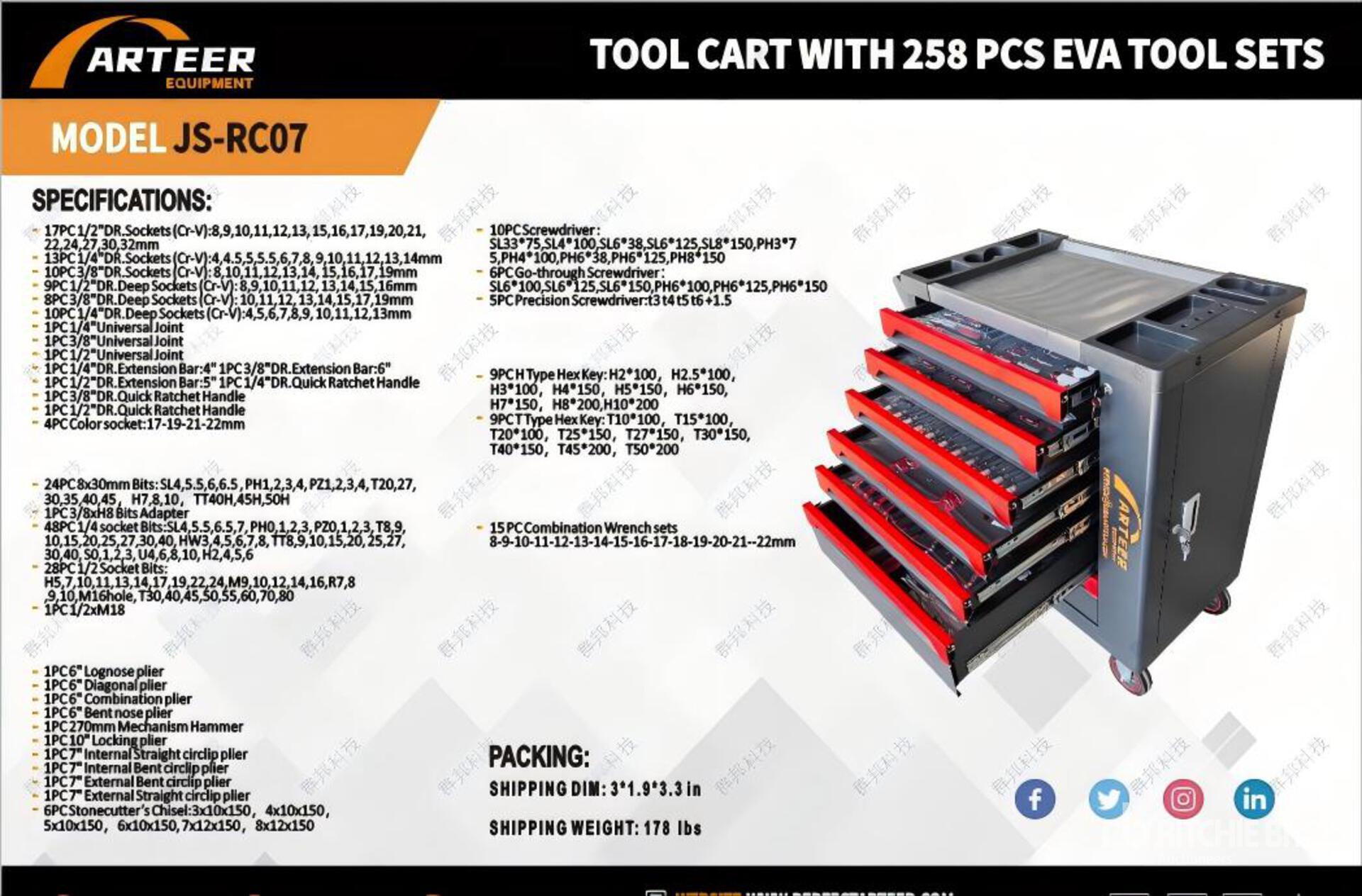 2026 ARTEER JS-RC07 Tool Box w/ 258 Piece EVA Tool Sets (Unused)