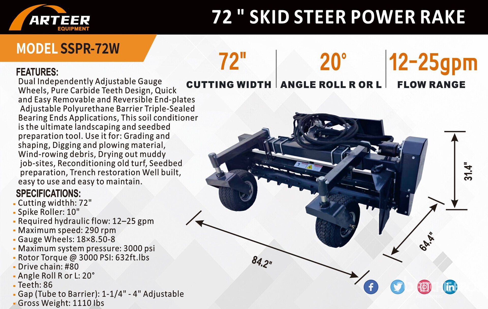 2026 ARTEER SSPR-72W 72 in Skid Steer Power Rake (Unused)