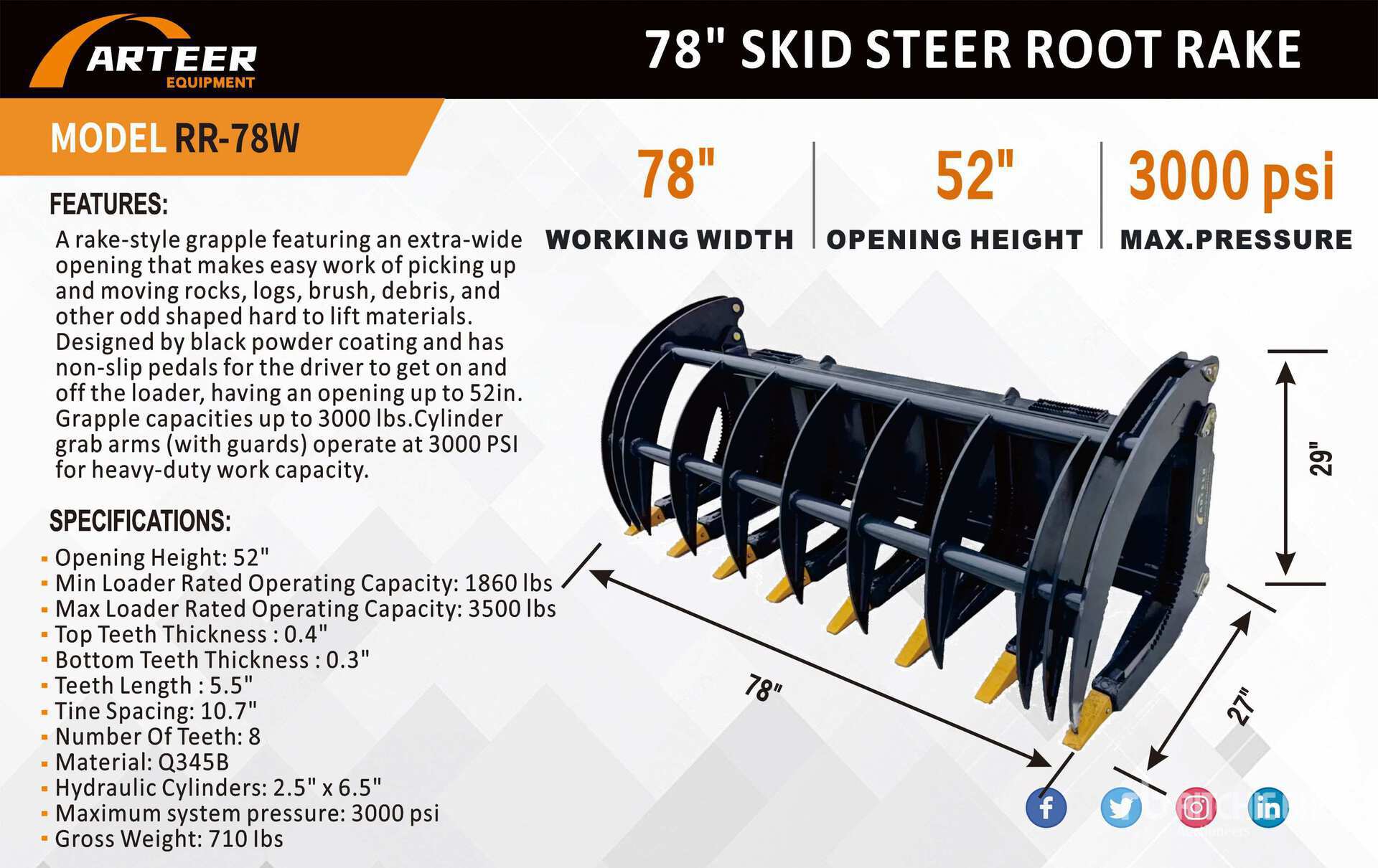 2026 ARTEER RR-78W 78 in Skid Steer Root Rake (Unused)