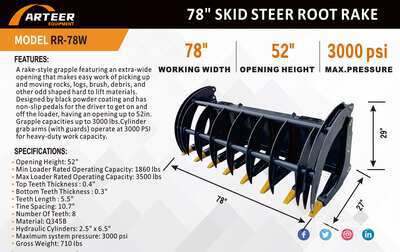 2026 ARTEER RR-78W 78 in Skid Steer Root Rake (Unused)