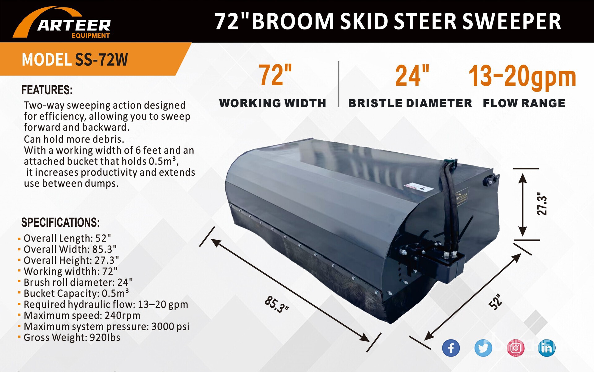 2026 ARTEER SS-72W 72 in Skid Steer Sweeper (Unused)
