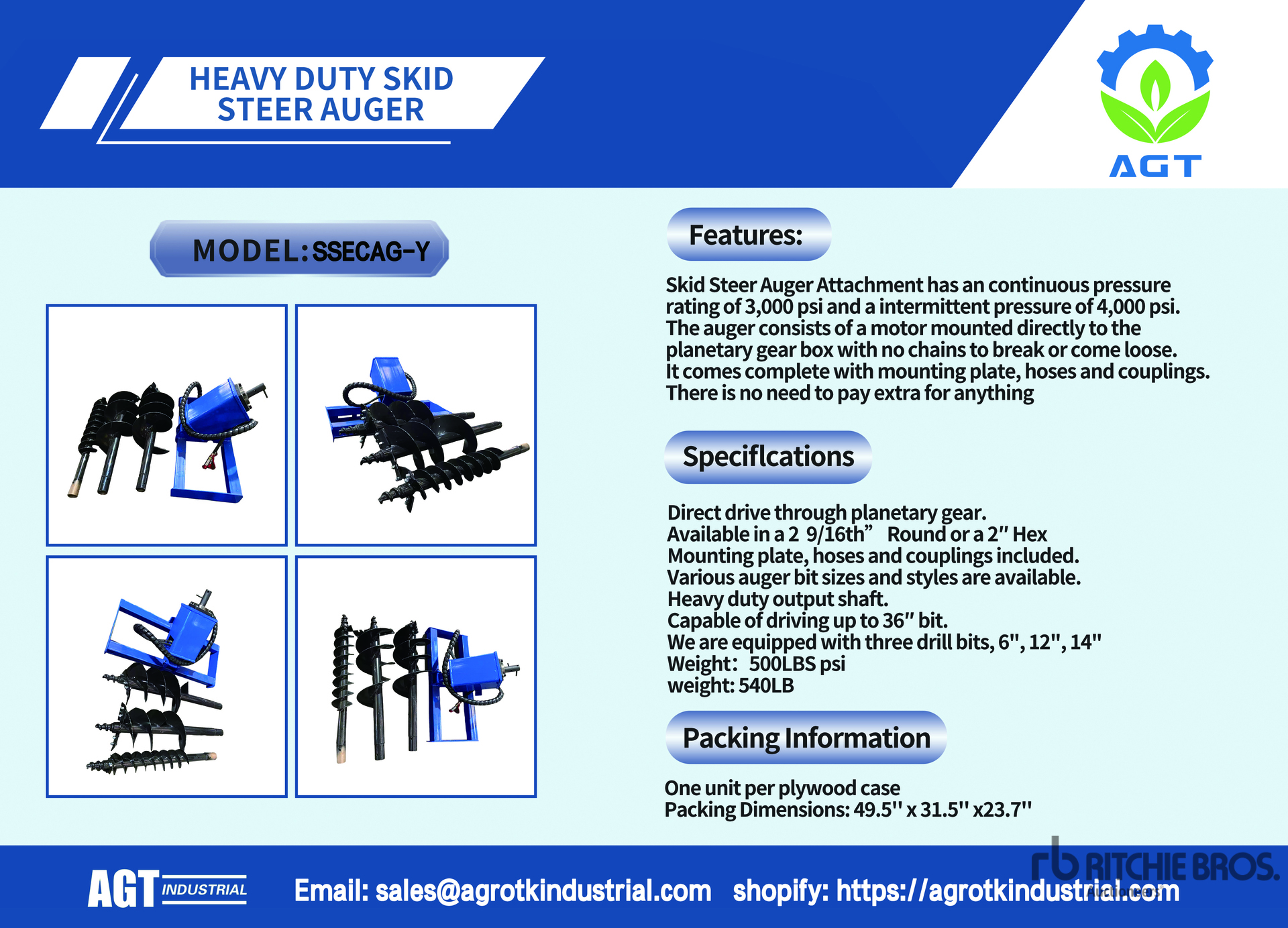 2026 AGT SSECAG-Y Skid Steer Auger (Unused)