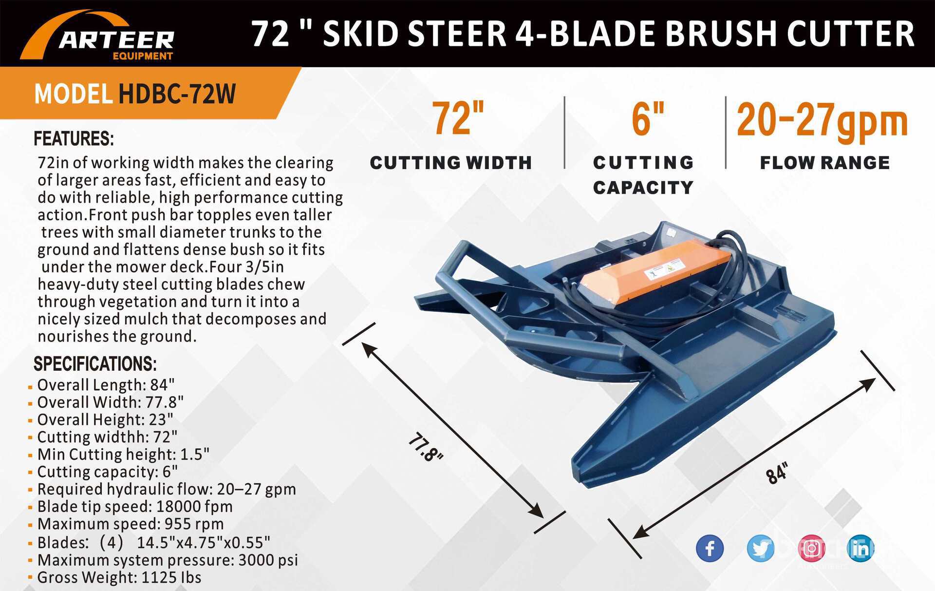 2026 ARTEER HDBC-72W 72 in Skid Steer Brush Cutter (Unused)