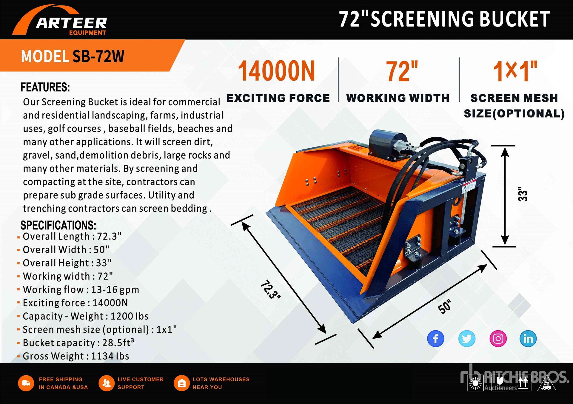 2026 ARTEER SB-72W 72 in Skid Steer Screening Bucket (Unused)