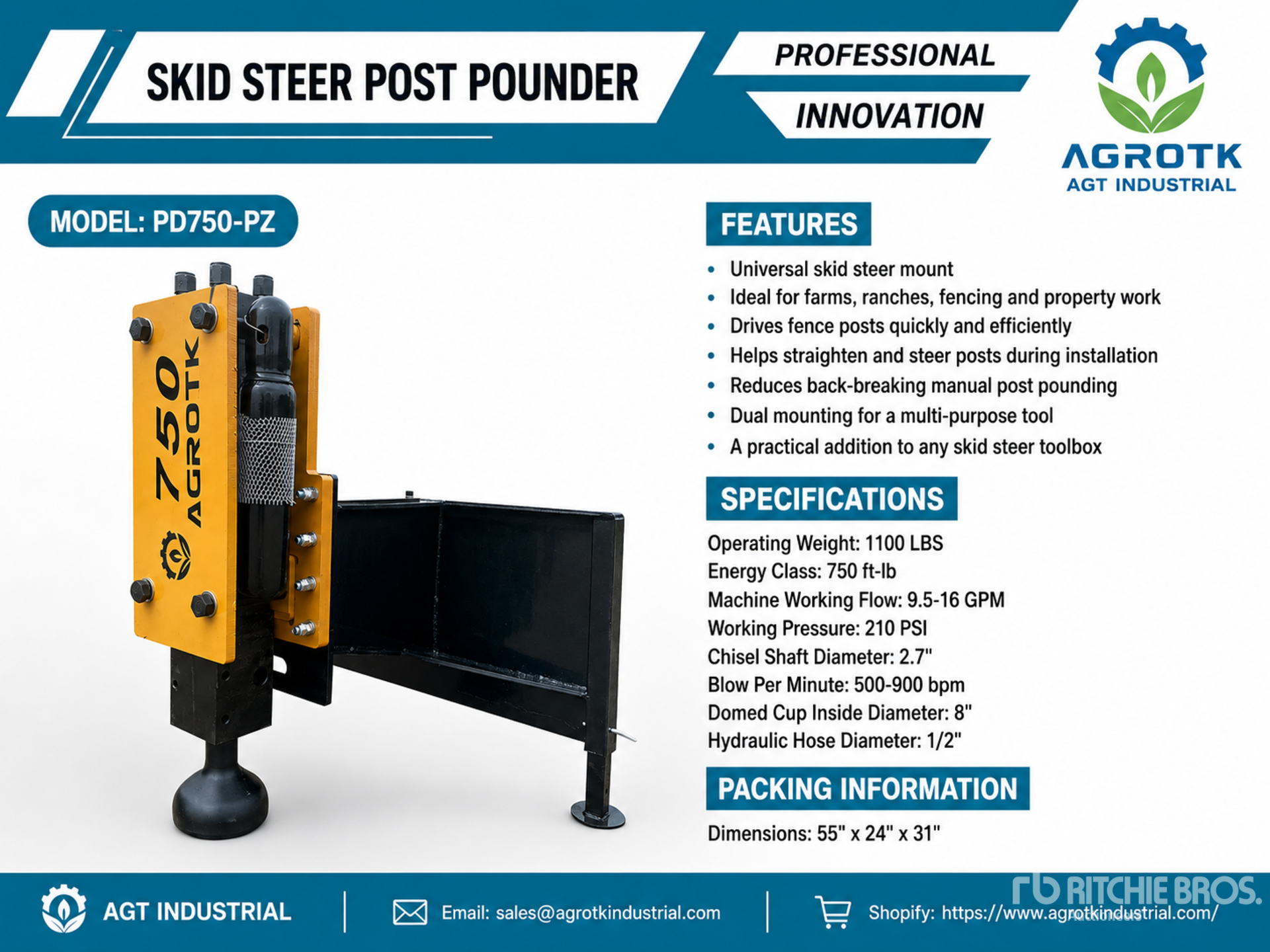2026 AGT PD750-PZ Skid Steer Post Pounder Skid Steer Post Driver (Unused)