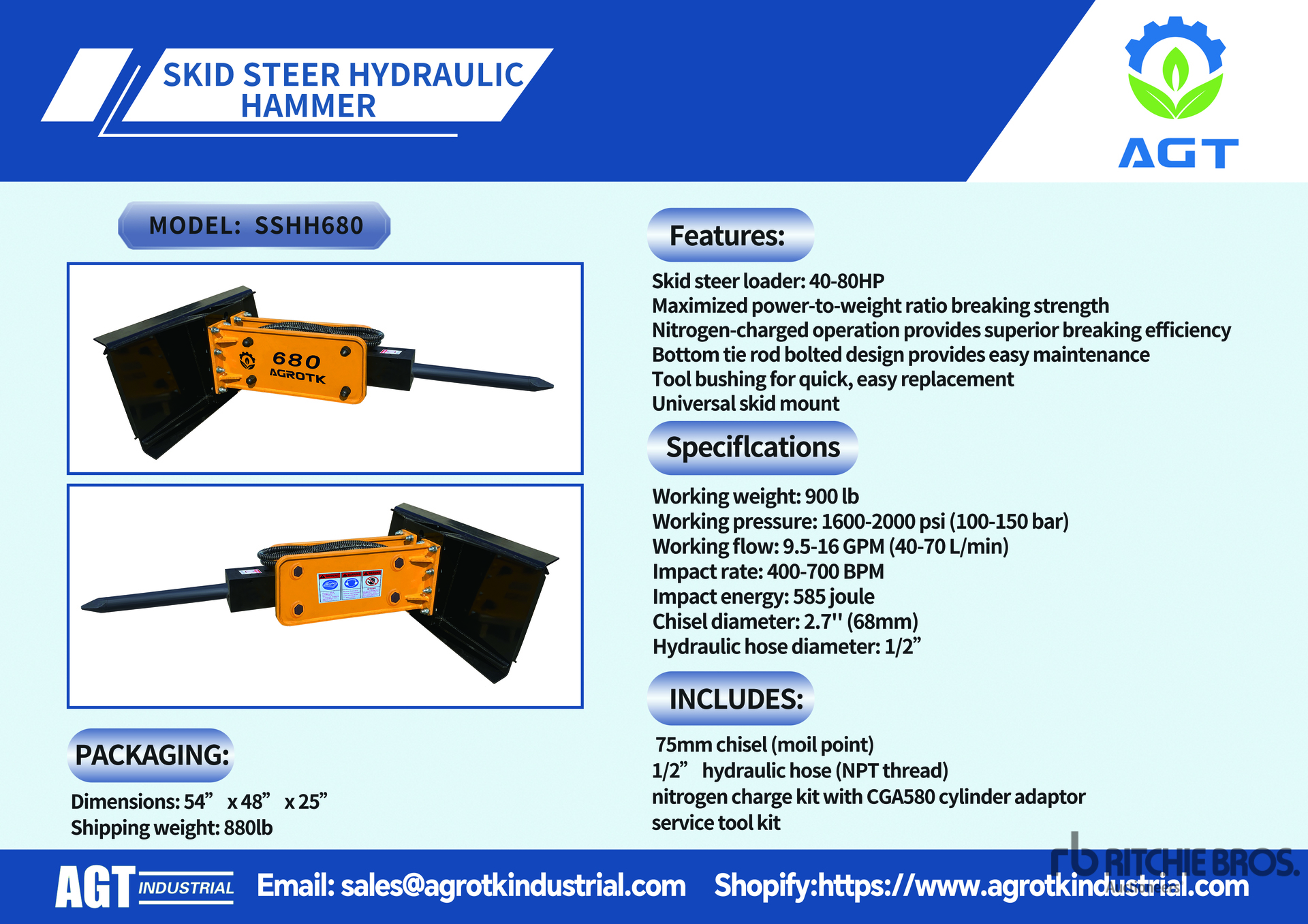 2026 AGT SSHH680 Skid Steer Breaker (Unused)