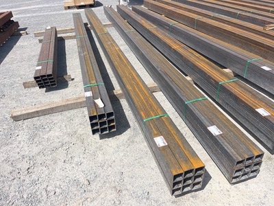 Quantity of (9) 2025 Kit Containers 1 bundle, 3x3 in, 22ft Steel Sq Tubing (Unused)