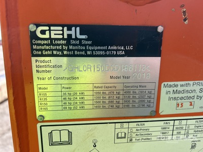 2018 Gehl R150 Skid Steer Loader