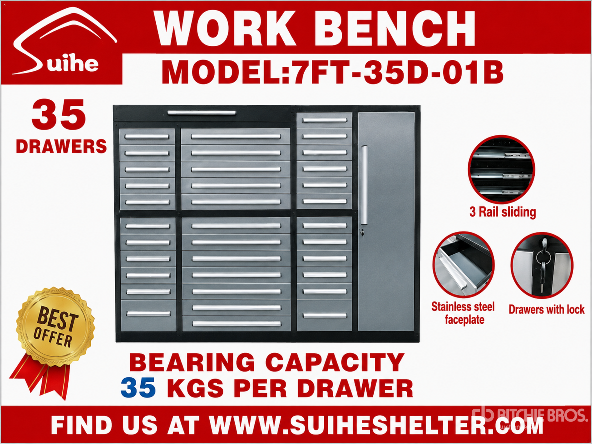 2026 Suihe NWB-H35DS-7 7 ft 35-Drawer Workbench (Unused)