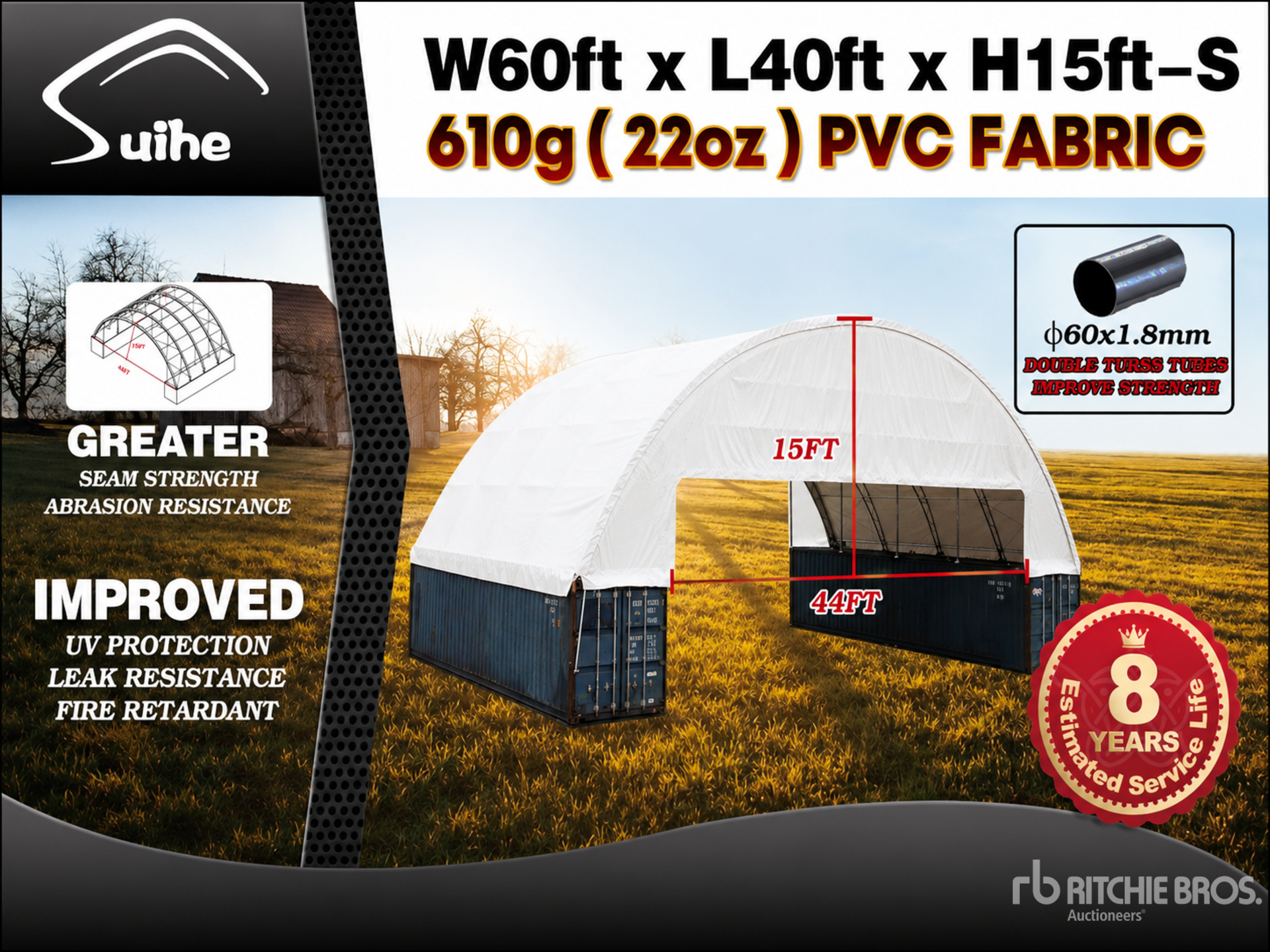 2026 Suihe C604015S-610gPVC 60 ft x 40 ft x 15 ft Storage Canopy (Unused)