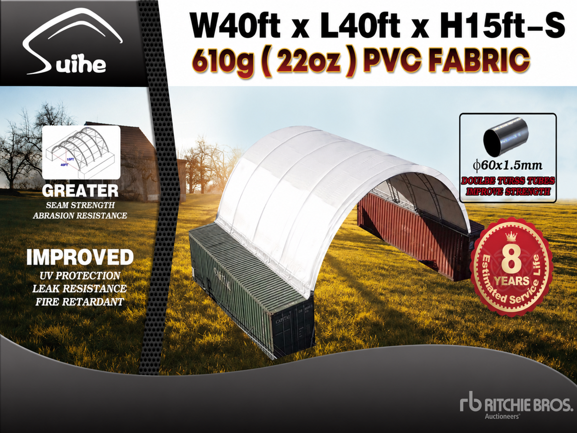 2026 Suihe C404015S-610gPVC 40 ft x 40 ft x 15 ft Storage Canopy (Unused)