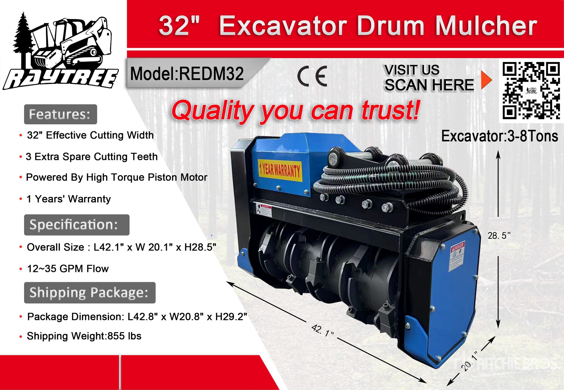 2026 Raytree REDM32 32 in Excavator Drum Mulcher - Fits 3 - 8 ton (Unused)