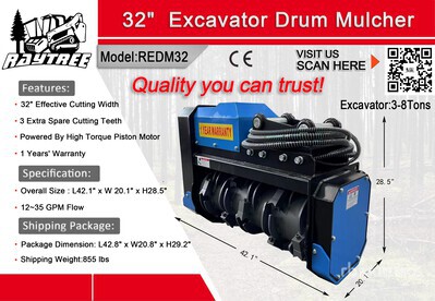 2026 Raytree REDM32 32 in Excavator Drum Mulcher - Fits 3 - 8 ton (Unused)