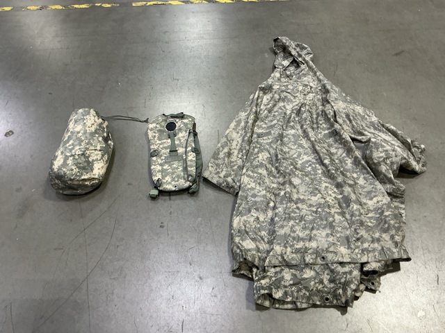 (2) Hydration System Carriers, (8) Wet Weather Ponchos & Assorted Items (2) Hydration System Carriers, (8) Wet Weather Ponchos & Assorted Items