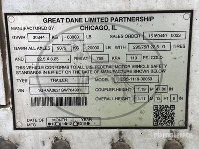 2016 Great Dane ESS-1119-32053 53 ft x 102 in T/A Multi -Temp Remorque frigorifique