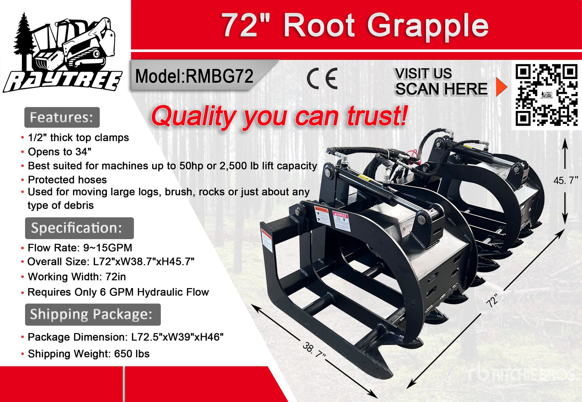 2026 Raytree RMBG72 72 in Root Skid Steer Grapple (Unused)